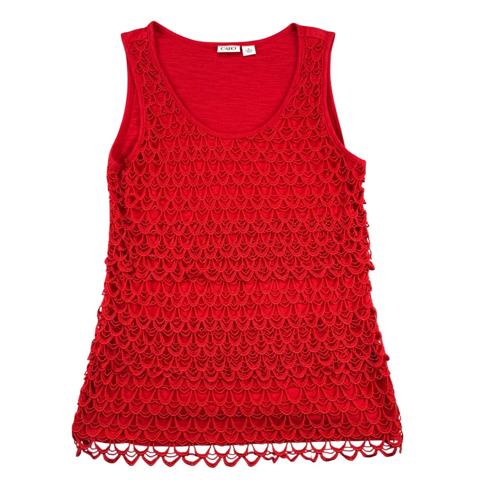 Cato Red Crochet Tiered Scallop Tank Top Womens Medium Y2K Slub Knit Sleeveless